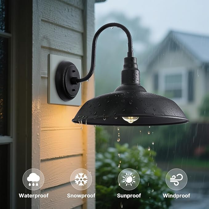 Large Black Gooseneck Barn Light for Farmhouse 16in Dome Outdoor Wall Lights for Porch 4 Pack Exterior Lighting Fixture with Goose Neck Arm for Front and Back Porch House Garage Door