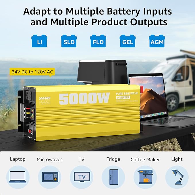 XWJNE 5000W Pure Sine Wave Power Inverter 24V DC to 120V AC Converter with LED Display and Remote Controller for Home RV Truck Off-Grid Solar Power
