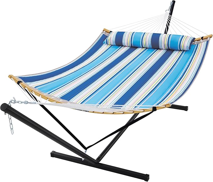 SUPERJARE Curved-Bar Hammock with Stand 2 Person Heavy Duty Hammock Frame Detachable Pillow &amp Portable Carrying Bag Perfect for Outdoor &amp Indoor Holiday Voyage Stripe
