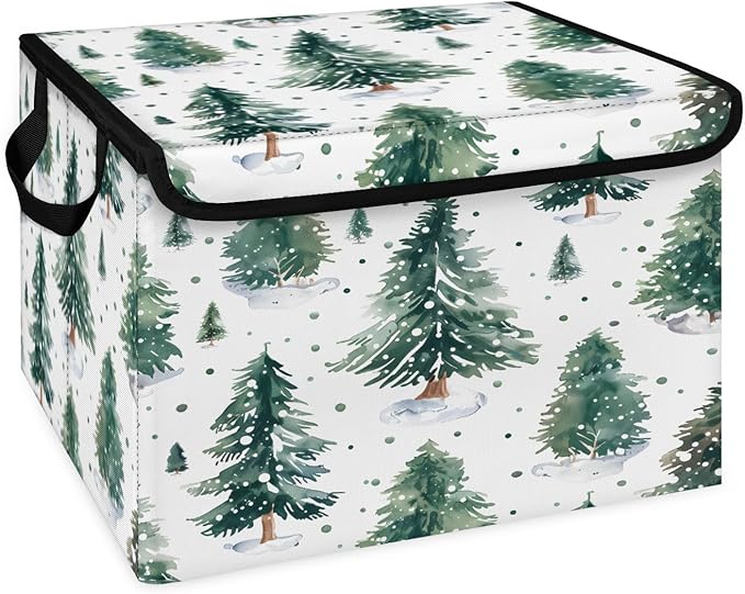 Christmas Tree Storage Basket with Lid Winter Xmas Foldable Storage Box Fabric Storage Bins with Carrying Handles for Home Bedroom Closet Organization