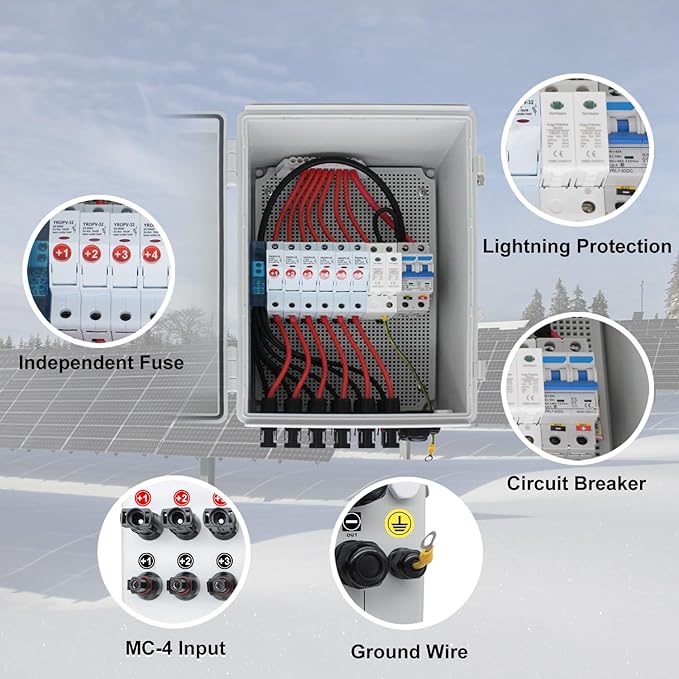 Solar Combiner Box HXH PV Combiner Box 6 String with a 550V 2P 63A DC Circuit Breakers &amp Lightning Arreste for Solar Panels IP 65 Waterproof