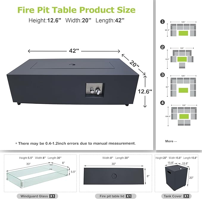 2-Piece 42 LED Rectangular Propane Fire Pit for Outside Patio with Hidden Tank Table 50000 BTU Fireplaces with Glass Wind Guard Lid Glass Rocks Cover(Black w/Warm Light)