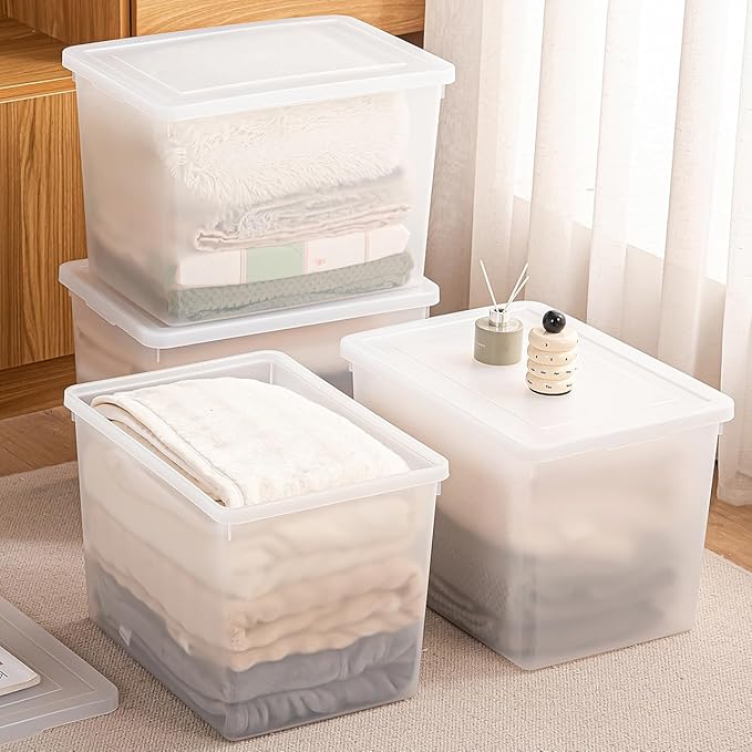 Stackable Plastic Storage Bins with LidsContainer to Organize Shoes and Crafts on Closet ShelvesGarage Totes Tubs Boxes Organizing 4 Pack (N-4XXL)