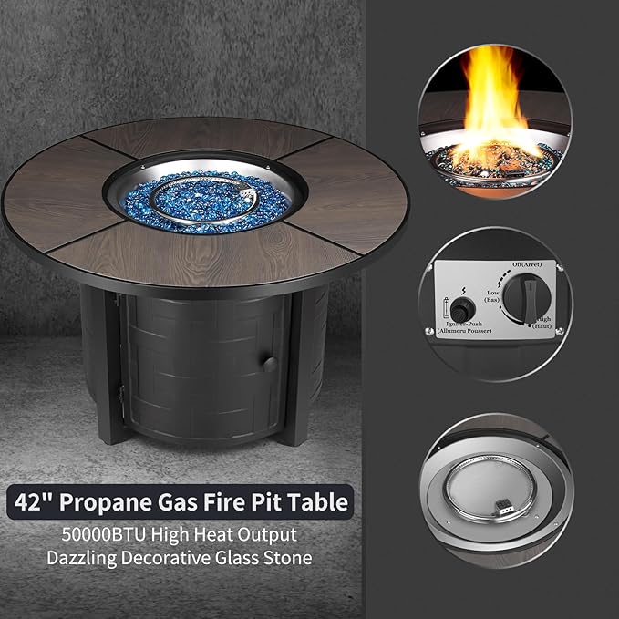 TLSUNNY 42in Propane Fire Pit Table 50000 BTU Auto-Ignition Outdoor Patio Fire Pit with Waterproof Cover Blue Fire Glass &amp Convertible Lid – CSA Certifiedfor Patio BalconyGarden