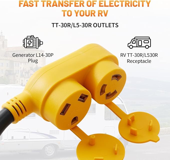 MECMO 30 Amp RV Generator Power Adapter Cord - NEMA L14-30P Male to Dual TT-30R &amp L5-30R Female Outlets 4 Prong Twist Lock 30A 125/250V to Two 30A 125V Splitter for Travel Trailer Camper ETL Lis