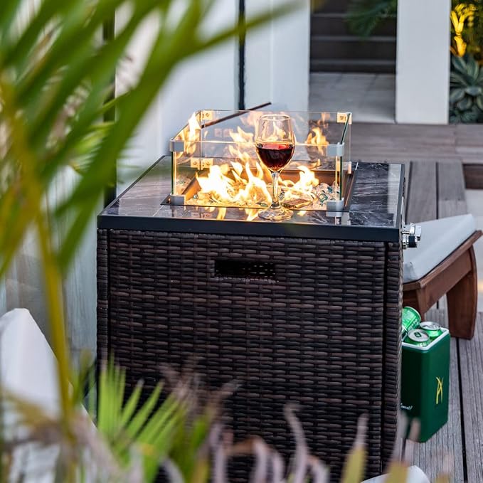 24in Outdoor Propane Gas Fire Pit Table 40000 BTU Auto-Ignition Gas Firepit with Glass Wind Guard Marble Tile Tabletop Mixed Color Glass Rocks Brown PE Rattan