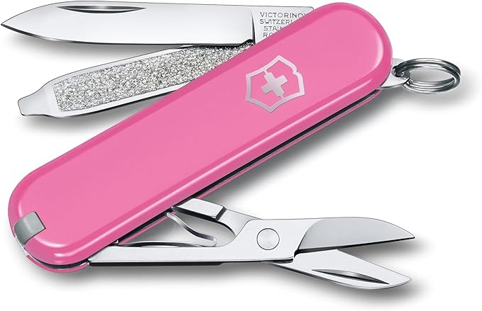 Victorinox Classic SD Swiss Army Knife Compact 7 Functions Swiss Made Pocket Knife with Small Blade Screwdriver and Key Ring - Cherry Blossom (Pink)