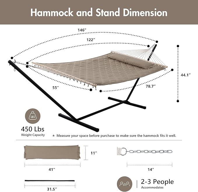ANOW 2 Person Hammock with 12FT Stand Heavy Duty Hammock with Stand for Outdoors 450 LBS Weight Capacity Light Brown