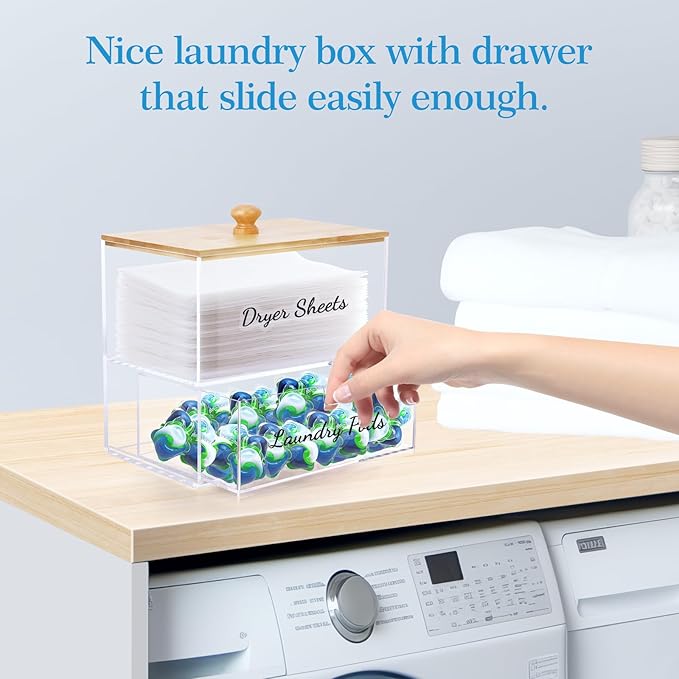 JYPS 1+1 Acrylic Dryer Sheet Holder with Drawer and Bamboo Lid Clear Acrylic Large-Capacity Laundry Pods Container Scent Boosters &amp Powder Laundry Room Organization decor Storage Jars Set