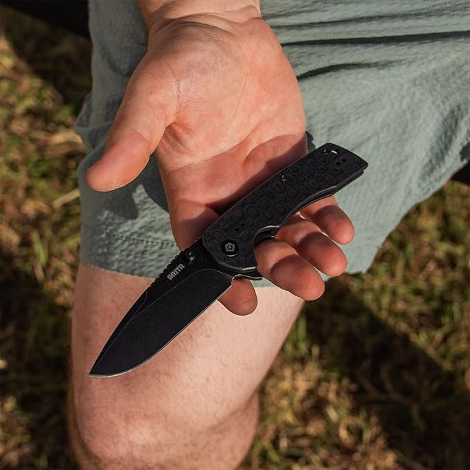 GRITR Stealth Folding Pocket Knife w/ 3.5 D2 Steel Blade for Military Hunting Camping Hiking – Black Handle Non-Serrated Blade with Stonewashed Finish