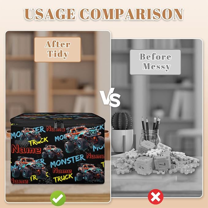 Custom Storage Bins with Zipper Lid Personalized Monster Truck Car Fabric Lidded Storage Baskets Boxes Foldable Cubes Clothes Organizer Container