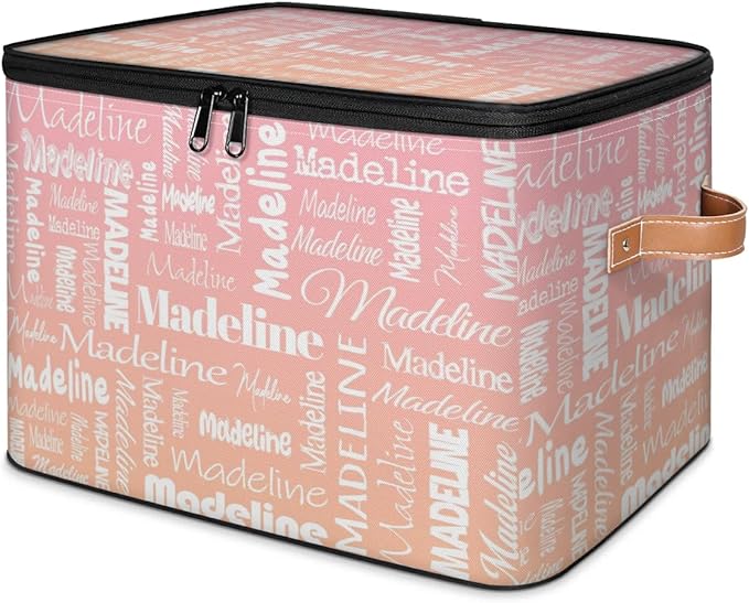 Custom Storage Basket with Name Personalized Keepsake Box with Zipper Lid Foldable Fabric Memory Bin Large capacity with Handle Pink Orange
