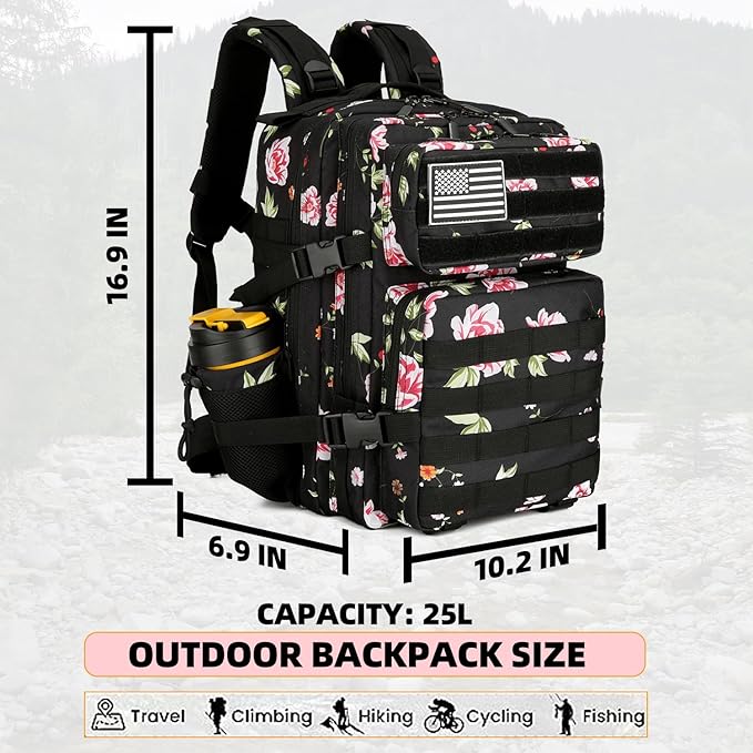 Lovelinks21 25L Tactical Military Backpack Small Travel Rucksack for Men and Women Assault Pack Bug Out Bag Molle Daypack Gym Backpack with Bottle Holder (Peony)