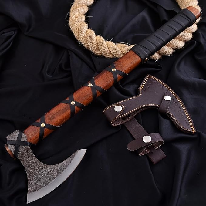 Viking Axe Ragnar Lothbrok – Hand Forged Bearded Axe with Rosewood Handle High Carbon Steel Norse Tomahawk Sharp Camping &amp Hunting Hatchet Viking Axe with Leather Sheath for him