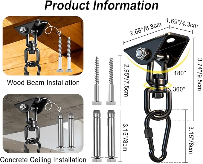 YOSE Porch Swing Hanging Kit Heavy Duty 2000lbs Stainless Steel Easy to Install Swing Hardware with Ceiling Hooks and Hammock Hooks Complete Swing Set Accessories for Indoor Outdoor Patio Garage