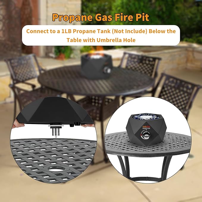 ONLYFIRE OUTDOOR LIVING 14” Modern Tabletop Fire Pit for Table with Umbrella Hole Portable Gas Firepit for 1lb Propane Gas Patio Backyard Porch Camping RV Tailgating Bottom-Mounted FP003