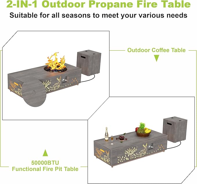SUNPEAK 48 Round Burner Propane Fire Pit Table with LED Light – 50000 BTU Fire Pit Table with Lid Rocks Cover and Tank Storage - Modern Outdoor Large Fire Table (Grey/Deer Cutout 48 LED)