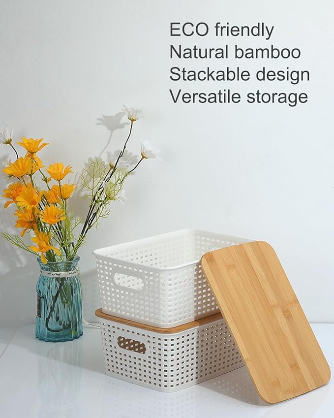 AREYZIN Storage Bins with Bamboo Lids Set of 6 Lidded Storage Container Plastic Baskets Organizer Bins for Organizing Bedroom Office Kithen Room