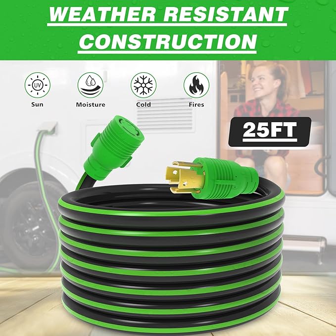 4 Prong 30 Amp Extension Generator Cord 25FT NEMA L14-30P/L14-30R Standard Plug 125/250 Volt Up to 7500 Watts Twist Lock Power Cord for Manual Transfer Switch (Black&ampGreen)