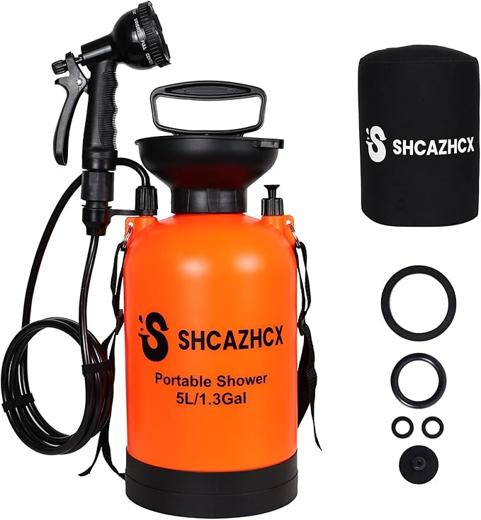 1.3 Gallon/5L Portable Outdoor Shower 10 Spray Modes No Power Needed Insulated Sleeve Keeps Water Warm Multi-Use Sprayer for Camping Beach &amp Surfing Fishing Hiking Road Trips Orange