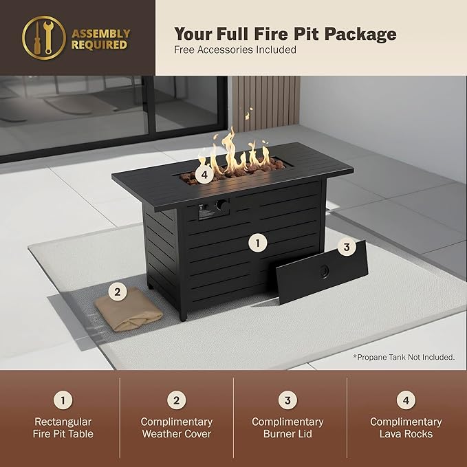 Kinger Home 42-Inch Ore Outdoor Propane Fire Pit Table 50000 BTU Powder-Coated Stainless Steel Patio Firepit with Lava Rocks Black