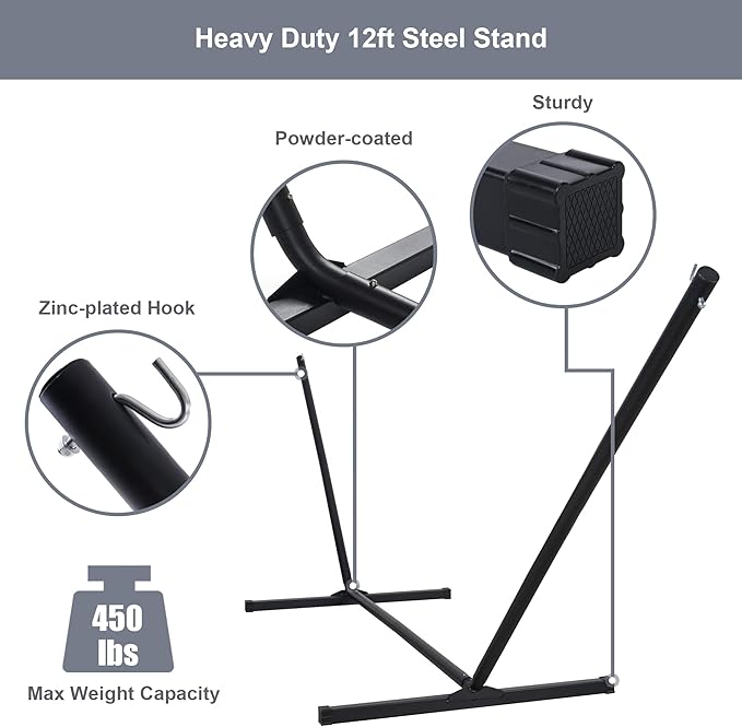 Outdoor Hammock with Stand Included Heavy Duty Hammock with Curved Spreader Bar Pillow and Portable Bag 450 Lbs Capacity Grey