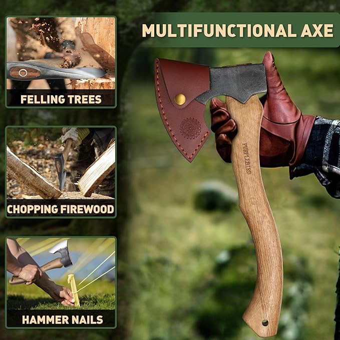PURPLEBIRD Hatchet Axe with Sheath for Camping 15 Inch Bushcraft Axe Carbon Steel Chopping Axes Wood Handle Splitting Axes Hand-Forged Camping Hatchet for Carving Bushcraft Outdoor Forest Garden