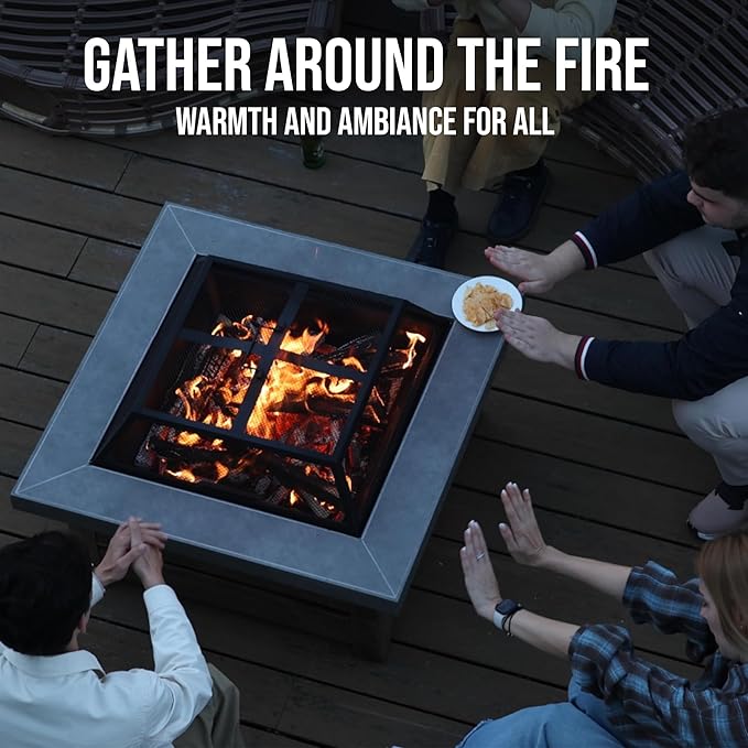 WILDMOS Firepits for OutsideWood Burning Fire Pit with Wood-Grain Side PanelsFirepit for Outside with Mesh Cover &amp Fire PokerSquare Modern Outdoor Fireplace Fire Table. (Countryside)