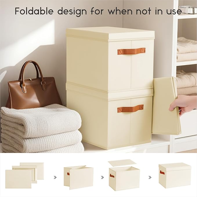 Homsorout Storage Bins with Lids - Large Fabric Closet Bins with Lid 6 Pack Clothes Organizers and Storage Collapsible Stackable Cube Basket for Home Office Dorm Beige