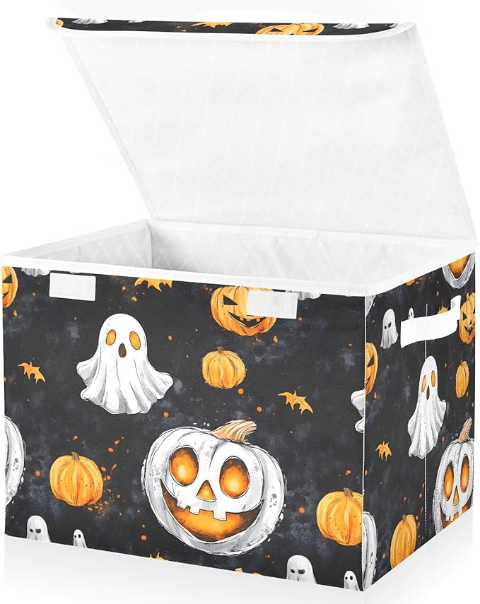 AIXIWAWA Lidded Storage Cube (Pumpkin Halloween Pattern) Fabric Foldable Closet Bins with Flip Lid and Handles Organizer Basket Container 16.5 x 12.6 x 11.8 IN