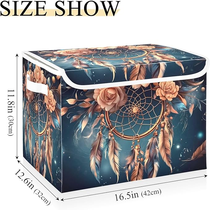 Dreamcatcher Feather Space Collapsible Storage Bins with Lids &amp Handles Foldable Storage Boxes Basket with Flip-Top Lid for Home Office 16.5” x 12.6” x 11.8”