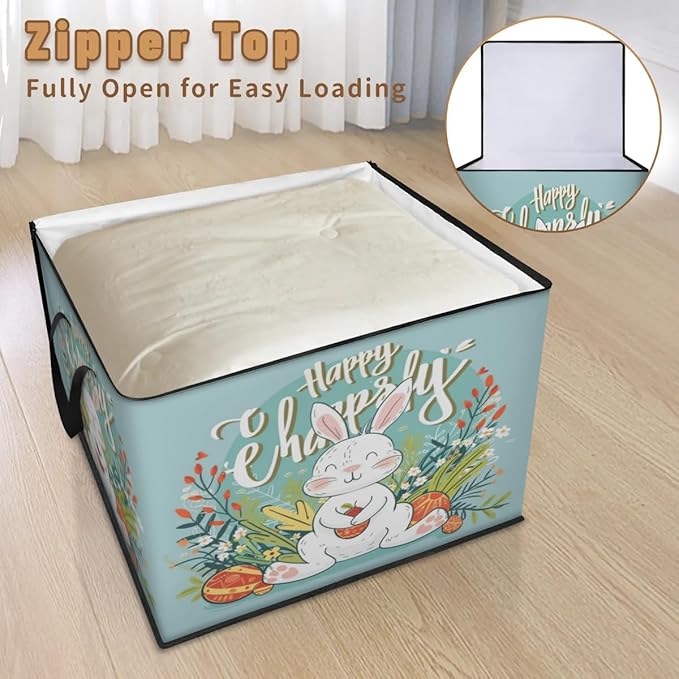 XL Large Clothes Storage with Lid Handle Spring Large Thick Clothes Blanket Storage Containers for Organizing Bedroom Closet Comforter Organization Storage Easter Rabbits