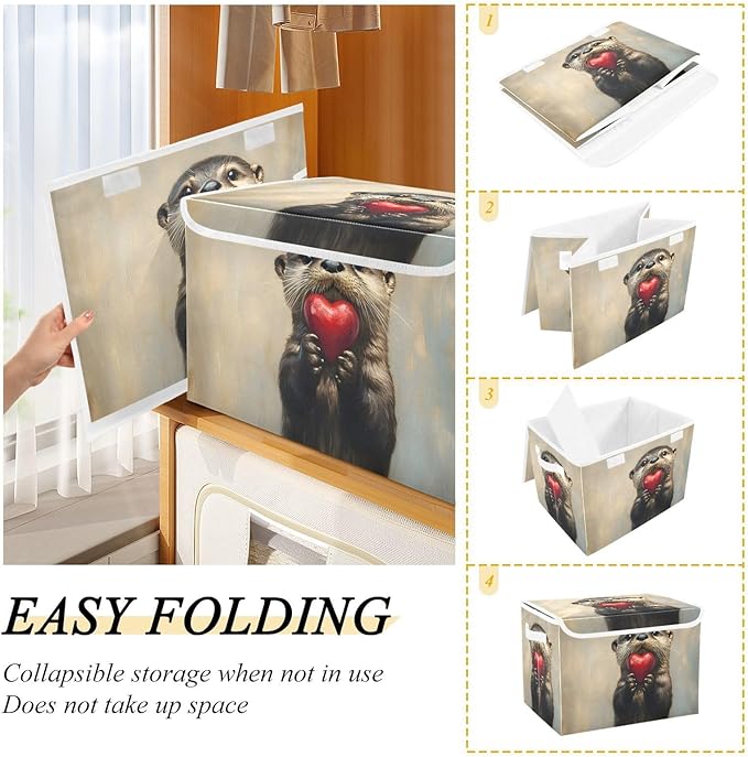 AIXIWAWA Lidded Storage Cube (Heart Otter) Fabric Foldable Closet Bins with Flip Lid and Handles Organizer Basket Container 16.5 x 12.6 x 11.8 IN