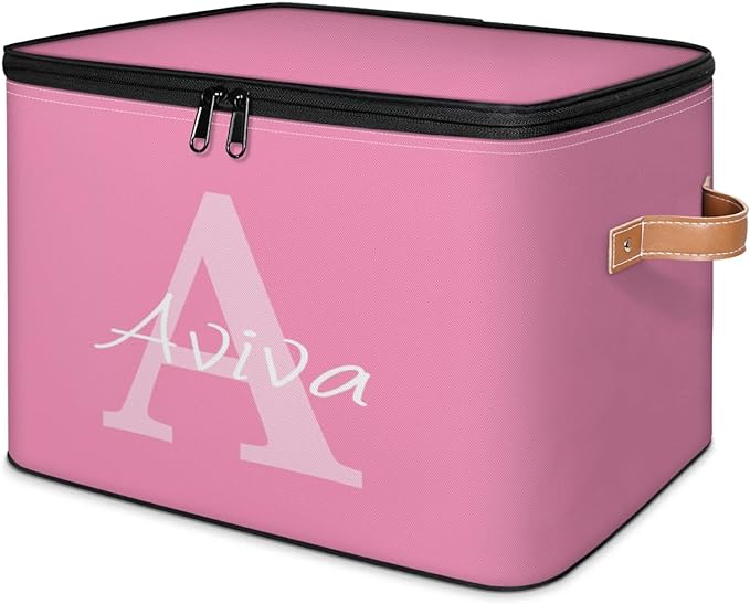 Customized Storage Basket with Initial Name Personalized Keepsake Box with Zipper Lid Foldable Fabric Memory Bin Large capacity with Handle Pink