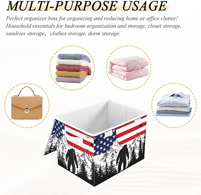 Storage Cube with Lid American Forest Sasquatch Print 16.5×12.6×11.8 IN Collapsible Large Capacity Foldable Storage Basket Bin Organizer