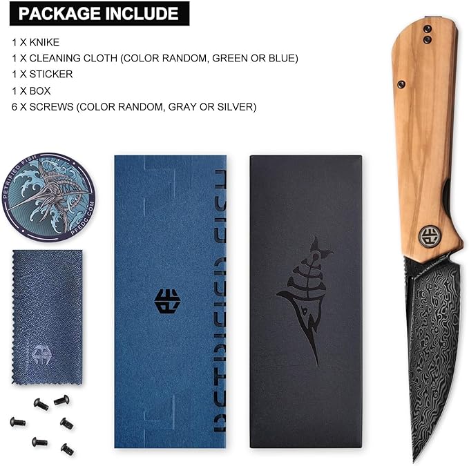 Petrified fish Pocket Knife PFP07 Viking 3.62 Damascus Steel Blade 3.95oz Olivewood Handle Front Flipper Liner lock Folding knife (Olivewood &amp Damascus Steel)