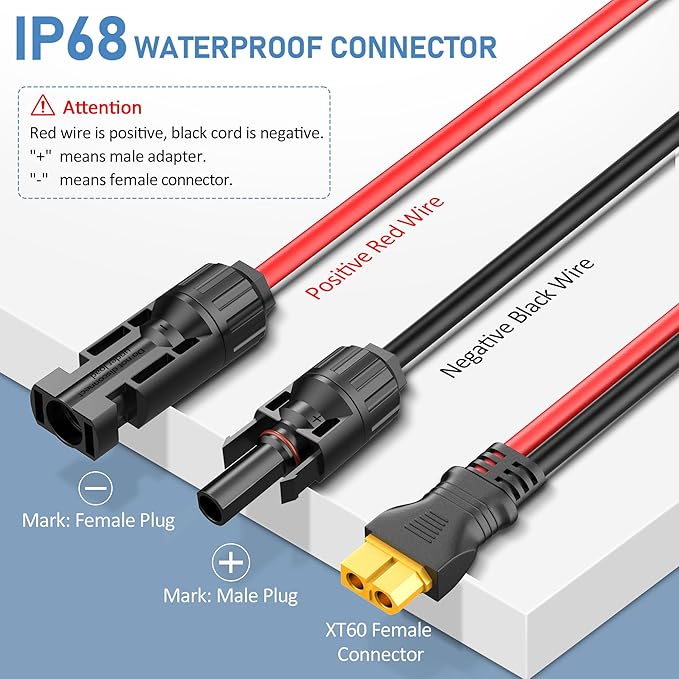 Solar Connector to XT60 Cable (12AWG 25ft) Solar to Injection Molding XT60 Adapter Extension Cord for Portable Power Station