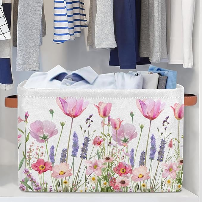 Pardick Basket Storage Bins Flower Floral Pink Rectangle Cube Basket Box Kids Girls Boys Toys Organizer Beaket Decor Foldable with Handle for Living Room Bedroom Closet Nursery Office Shelf Gifts