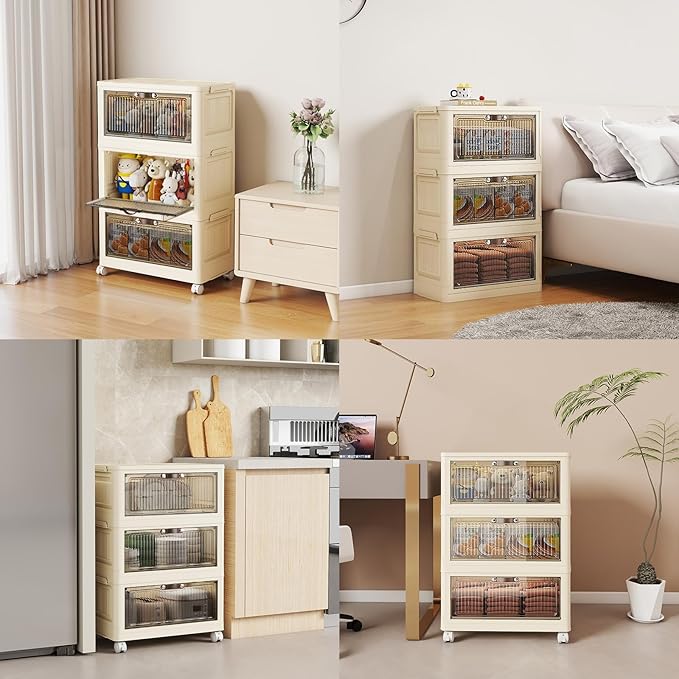 3 Tier - 48QT Storage Bins with Lids Collapsible Storage Bins with Doors and Wheels Plastic Storage Cabinet for Easy Storage and Organization for Living Room Office