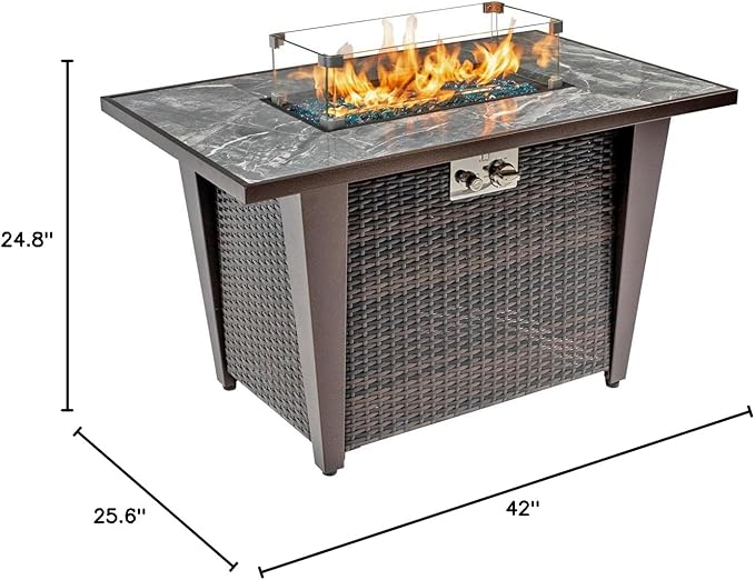 42'' Propane Fire Pit Table Marble Tile Ceramic Tabletop with Glass Wind Guard 50000 BTU Fire Table with Inclined Leg and Art Powder Design Blue Glass Rocks Including Lid&ampCover Brown
