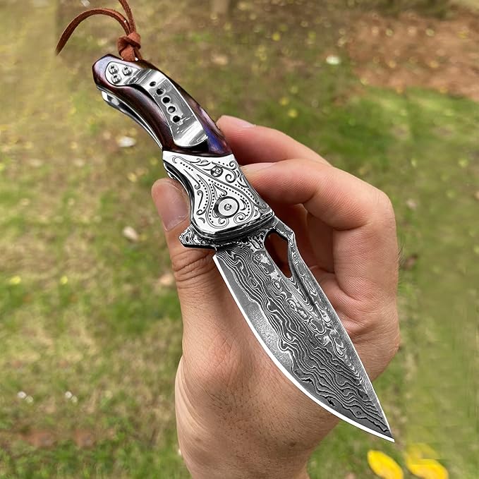 Handmade Damascus Steel Flipper Folding Knife with Pocket Clip Liner Lock Tactical Knife for Camping Hunting Fishing and EDC