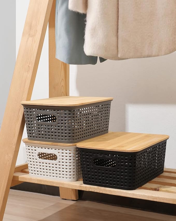 AREYZIN Storage Bins with Bamboo Lids Set of 6 Lidded Storage Container Plastic Baskets Organizer Bins for Organizing Kithen Room Bedroom Office Closet Sturdy(Grey)