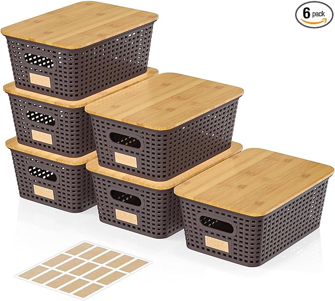 6Pcs Storage Bins with Lids Stackable Plastic Storage Basket with Bamboo Lid Pantry Organizer Box Small Containers for Organizing Shelves Drawer Desktop Closet Cabinet Office Classroom 10x7.1x4.1in