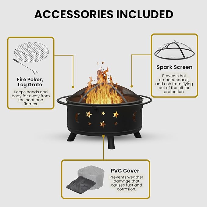 Fire Pit - 32-Inch Outdoor Wood Burning Firepit with Screen Poker and Cover - Outdoor Fire Pits for Backyard Deck or Patio by Pure Garden (Black)