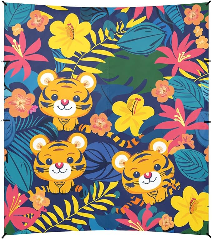 ALAZA Tropical Flowers and Cute Tigers Beach Tent Sun Shelter Portable Canopy Sunshade for Outdoor Camping Picnics Backyard Fun 10x9 ft