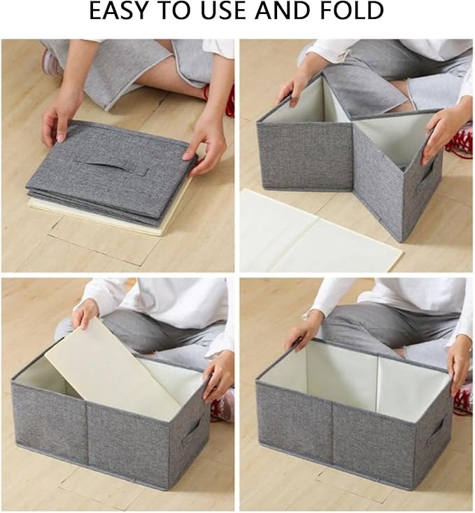 2 Pack Fabric Storage Bins with Lids Foldable Clothes Storage Bins Lidded Linen Storage Boxes Decorative Collapsible Basket with Handle for Bedroom Closet Office Clothes (Grey)