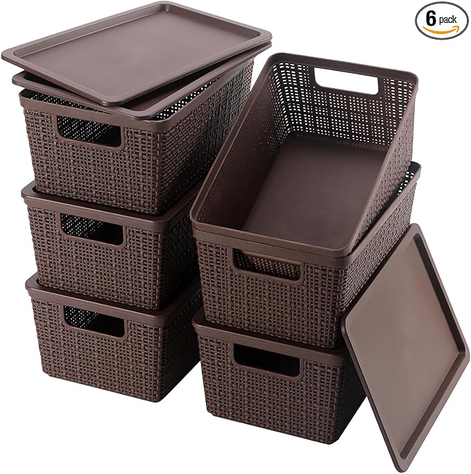 6 Pack Plastic Storage Baskets With LidsBrown Breathable Stackable Storage BinsSmall Storage Containersfor Organizing Storage Baskets on DesktopsClosetsPlayroomsClassroomsOffices