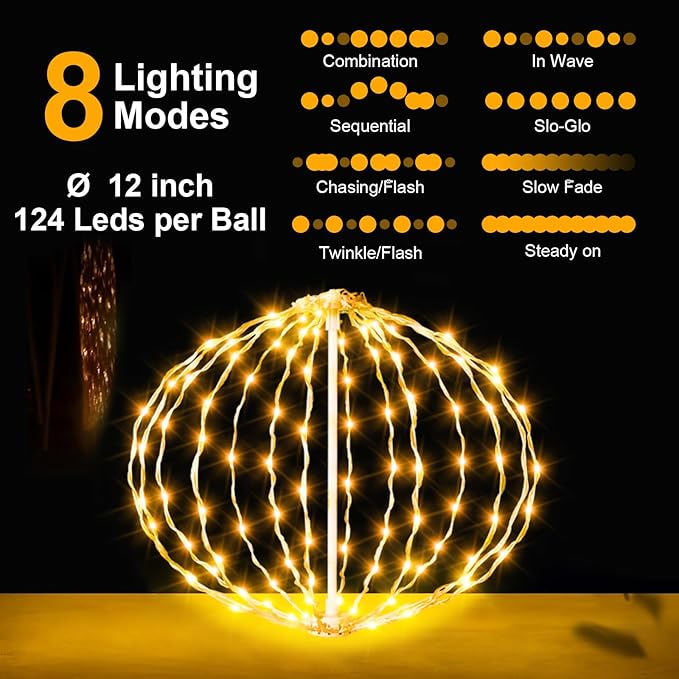 AGOTD Christmas Outdoor Decorations Ball Lights - 12 Inch Connectable Hanging Tree Globe Lights with 8 Lighting Modes Timing Function Waterproof Indoor Outdoor (Warm White 2pcs)