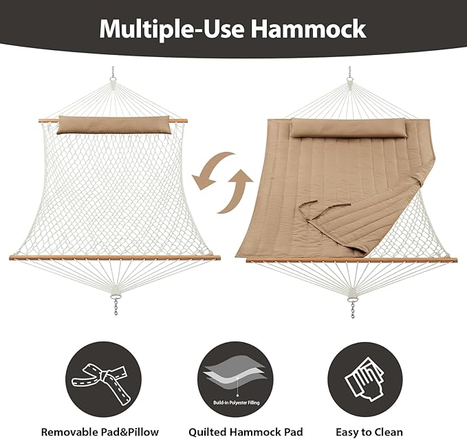 CHULIM Outdoor Double Hammock with Hardwood Spreader Bars Large Rope Hammock with Polyester Pad and Pillow 475 LBS Capacity for 2 Person Patio Backyard Poolside - Tan