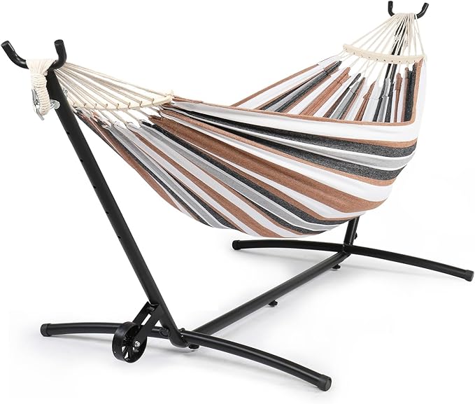 ONCLOUD Outside Hammock with Stand Portable Hammock Set with Wheel for Camping Backyard Heavy Duty Hammock with Carry Bag&amp2 Wooden Combs 440LBS Coffee Brown